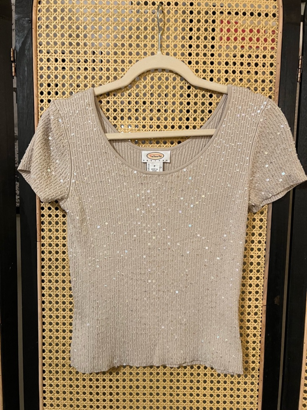 Cream Sequin Ribbed Silk Blend Short Sleeve Top